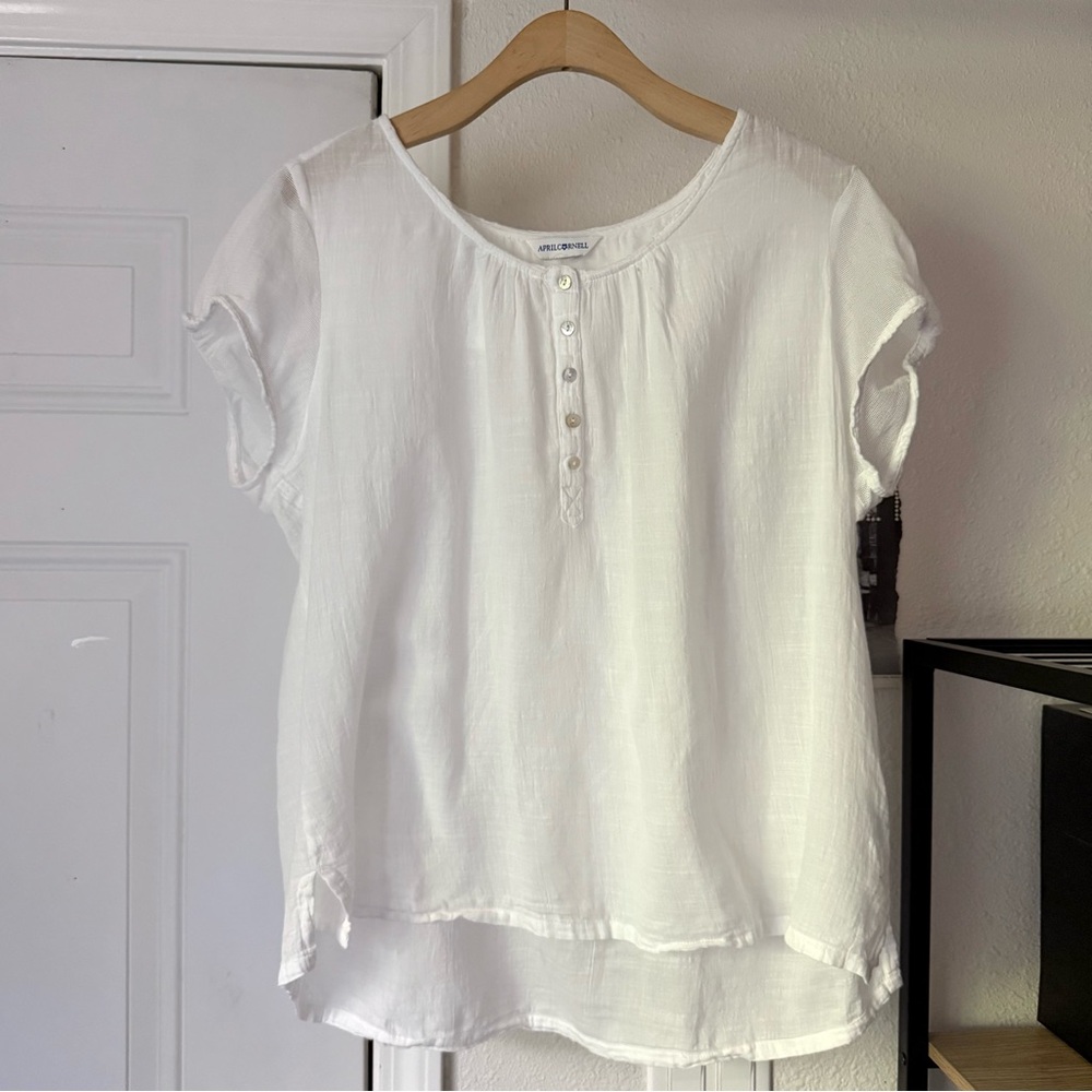 APRIL CORNELL vintage white cotton gauze short puff‎ sleeve popover boxy blouse
